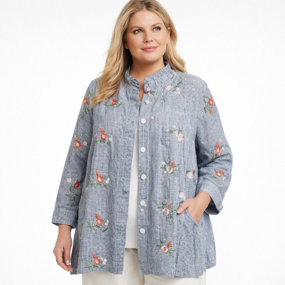 John Mark Plus Size 100% Linen Artsy Boho Jacket Embroidered Floral & Stripe 3X